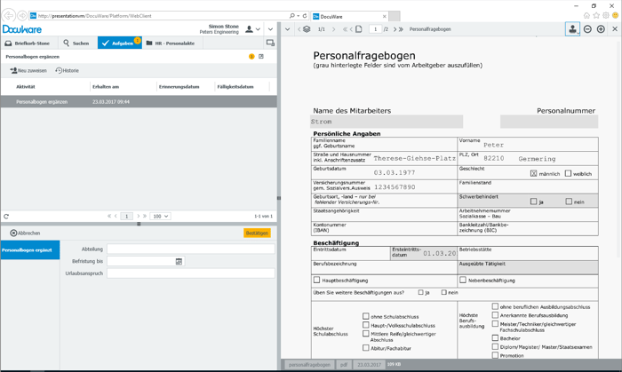Die Daten werden automatisch in den Personalbogen übernommen und können von der HR-Abteilung mit internen Angaben ergänzt werden. Die Daten werden automatisch in den Personalbogen übernommen und können von der HR-Abteilung mit internen Angaben ergänzt werden.